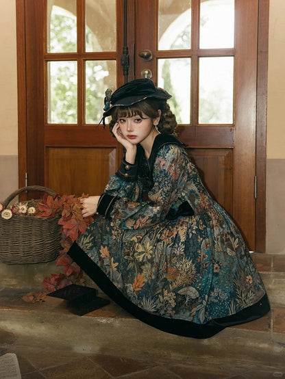 Green & Blue Floral Print Long-Sleeve Elegant Classic Lolita Dress with Black Collar and Cuffs