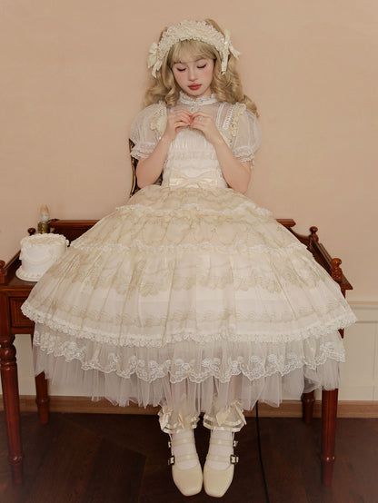 Cream Print Tiered Skirt Beads Neckline Lolita Jumper Skirt