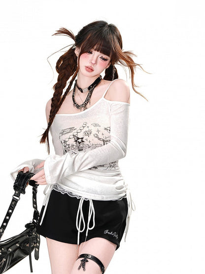 Lace Trim Drawstring Waist Wide-Leg Black Mini Casual Shorts