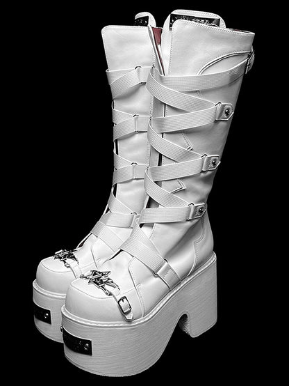 White Crisscross Design Buckle Strap Platform Block Heel Boots
