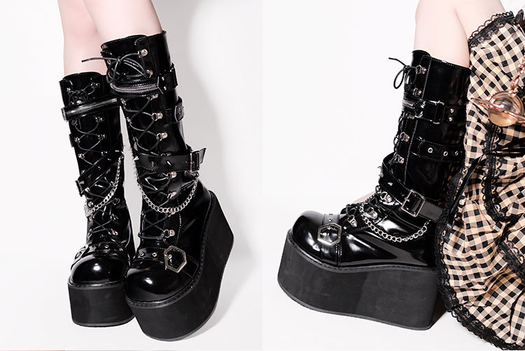 Studs Chains Metal Punk Polished Black Platform Boots