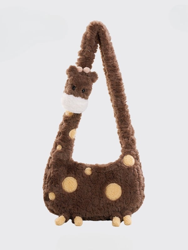Brown Plush Giraffe Crossbody Bag