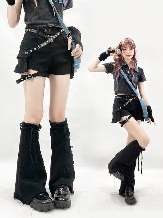 Black Cargo Pocket Denim Shorts + Star Design Flared Denim Leg Warmers