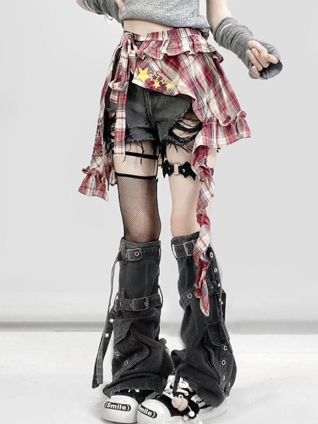 Y2K Bittersweet Black Distressed Holes Design Shorts + Leg Warmers + Red Plaid Accessory