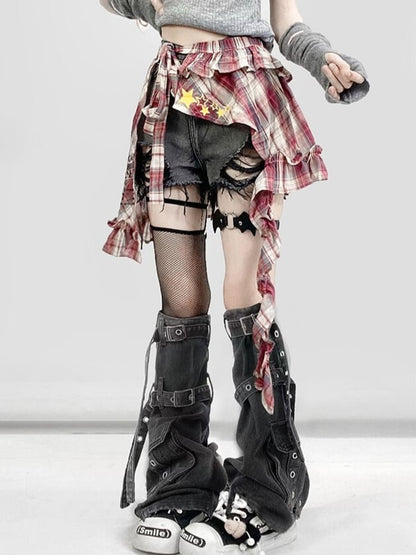 Y2K Bittersweet Black Distressed Holes Design Shorts + Leg Warmers + Red Plaid Accessory
