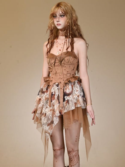 Brown Wasteland Punk Studs Chain Decorated Distressed Holes Design Halter Dress