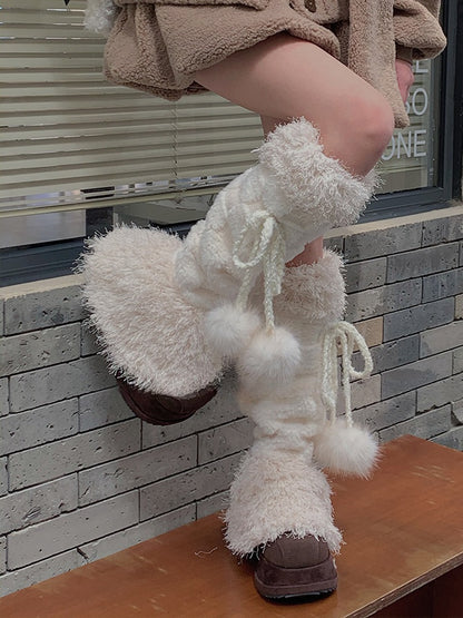Off-white Sweet Checked Plush Leg Warmers With Pompons