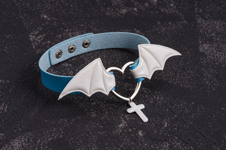 Cross Pendant Blue and White Handmade Bat Wings PU Choker