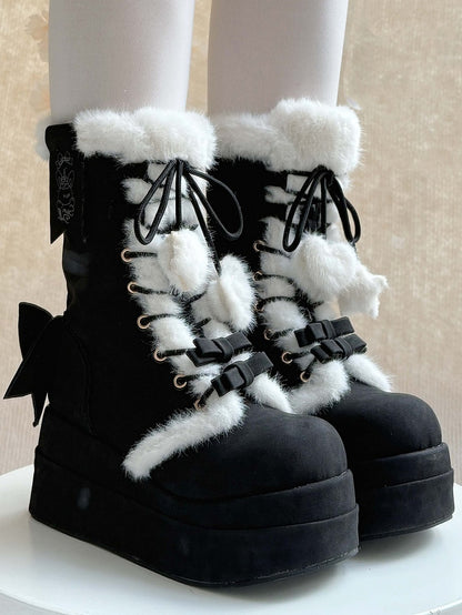 Plush Lined & Romantic Bow Accents Platform Black Boots in Sweet Lolita