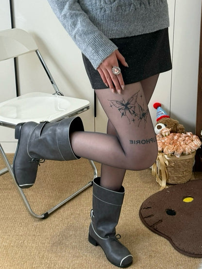 Black Butterfly And Letter Print Tights