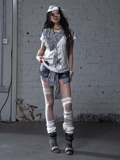 Blue and White Plaid Distressed Holes Navycore Zipper T-shirt Faux Two-pieces