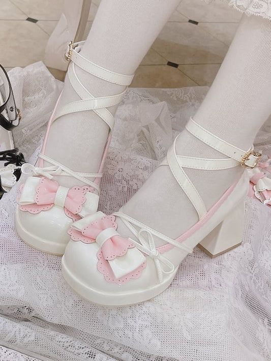 Bow Accents Crisscross Ankle Strap White and Pink Round Toe Sweet Mary Janes