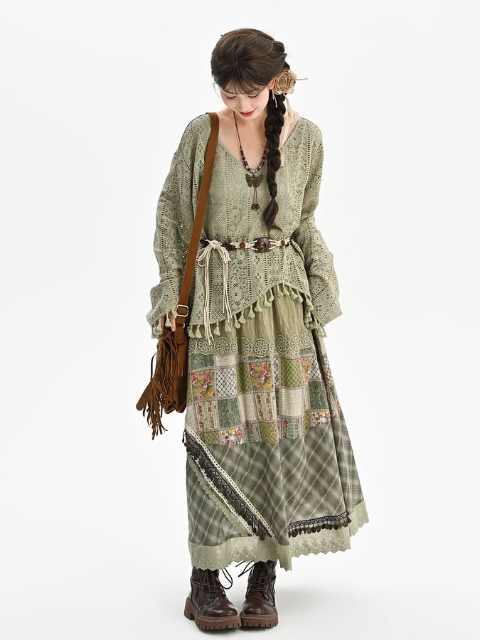 Bohemian Green V-neck Tassels Hem Top with Belt