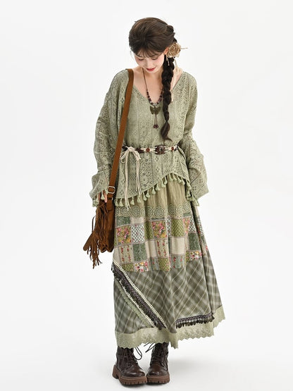 Bohemian Green V-neck Tassels Hem Top with Belt