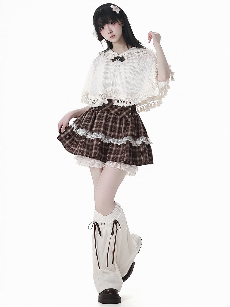 Beige Bohemian Tassel Hem Zip-up Cape with Cami Top Set