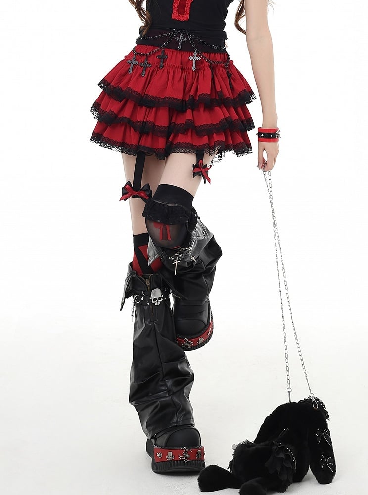 Y2K Red/Pink/Black Lace Trim Glamorous Tiered Skirt with Detachable Bowknot