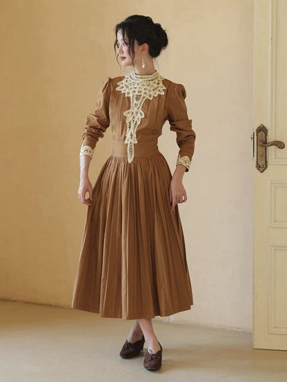 Brown Vintage Banded Collar Long Puff Sleeves Dress