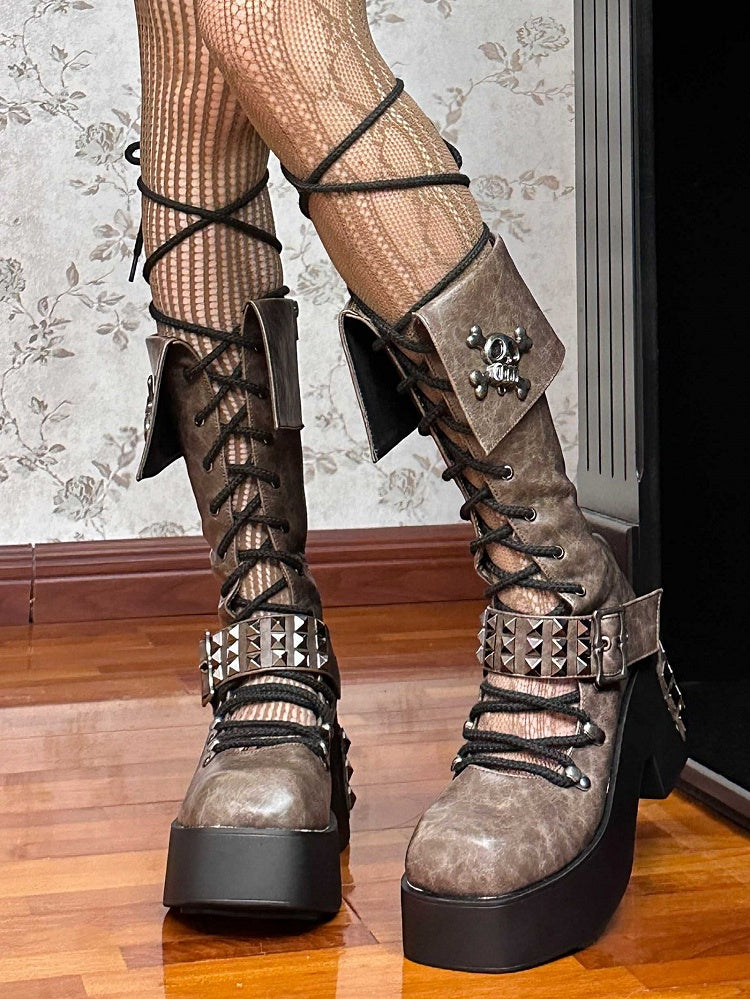 Skull and Studs Brown Front Lace-up Punk Chunky Platform Boots