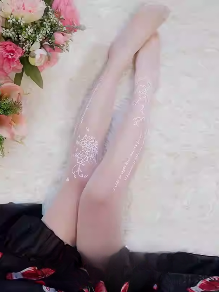 White Semi-sheer Rosette Print Lolita Tights