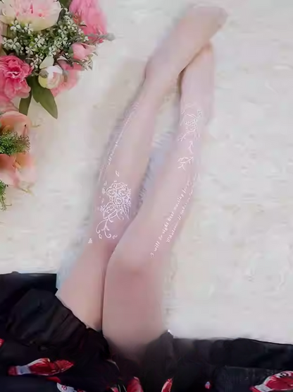 White Semi-sheer Rosette Print Lolita Tights