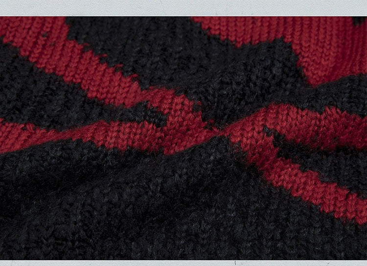 Black and Red Skull Bunny Punk Loose Hooded Sweater with Striped Sleeves