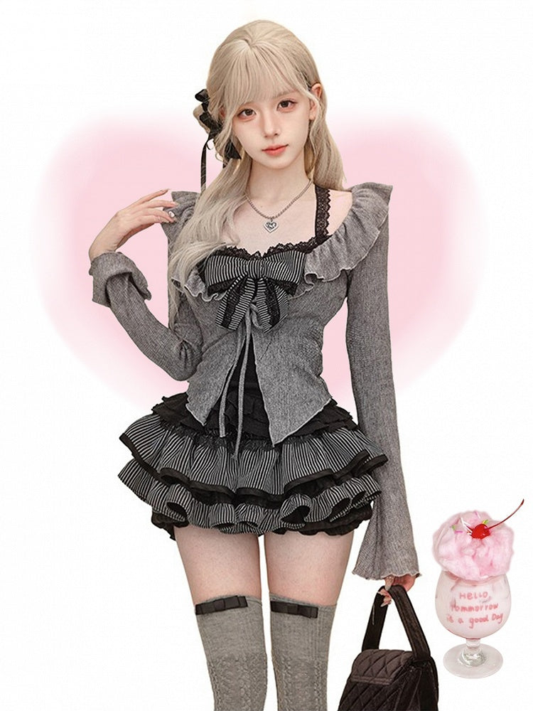 Gray Long Sleeve Knit Cardigan: Ruffled Collar with Tie-Front Closure