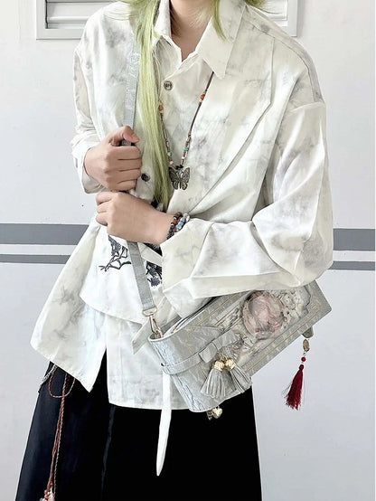 Silver PU Floral Pattern Cheongsam Style Ita Bag With Bow & Fringe Accent