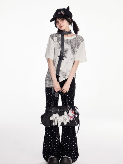 Black Polka Dot Elastic Waist Slim-fitting Flared Casual Pants