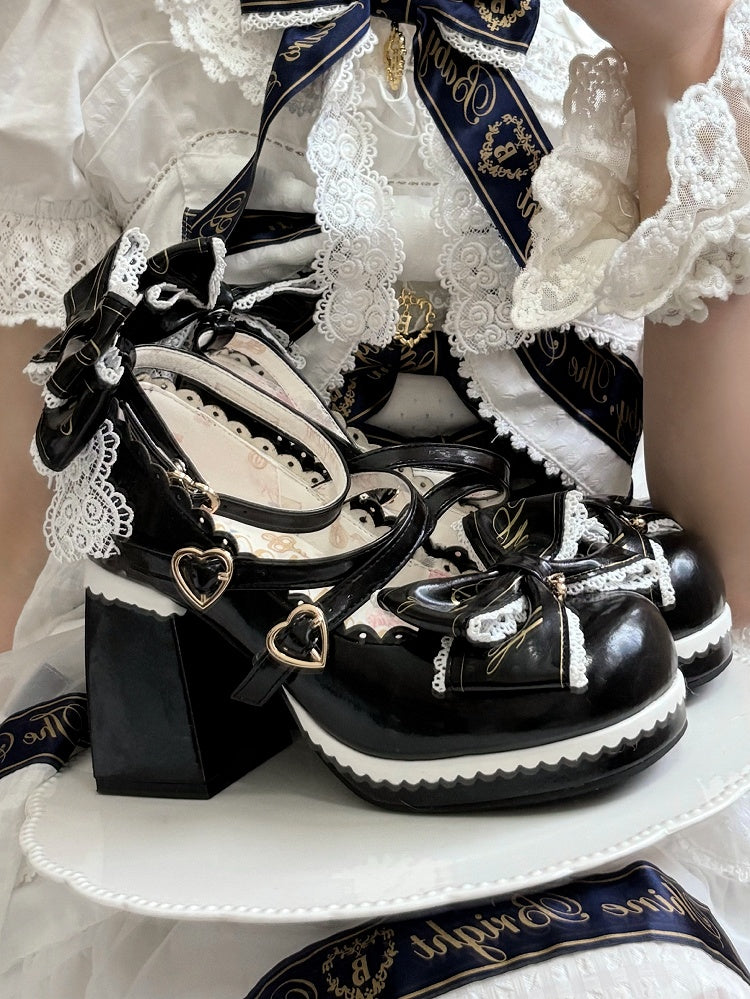 Black Crisscross Design Heart Buckles Detachable Bow at Top High Block Heels