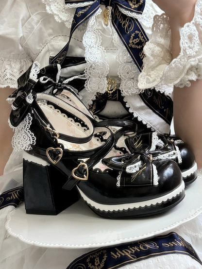 Black Crisscross Design Heart Buckles Detachable Bow at Top High Block Heels