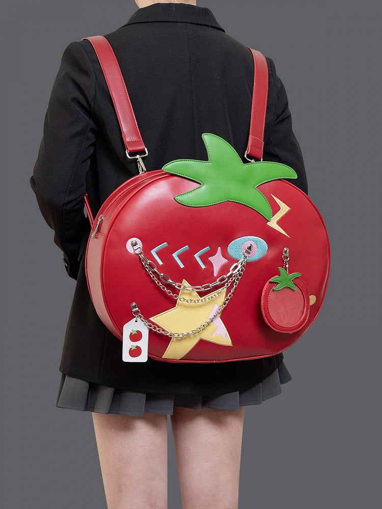 2-Way Red Juicy Tomato Backpack With Star Patches And Chain Accents