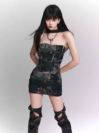 Black Oil Painting Print Halter Neck Glamorous Slim-fitting Mini Dress