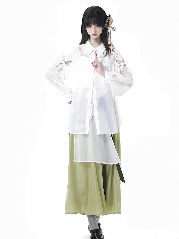 Butterfly-shaped Cutout Sleeves Cheongsam Style White Sheer Chiffon Shirt Long Version