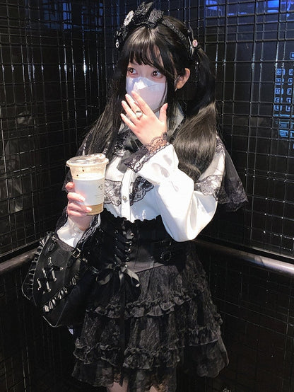 Jirai Kei High Waist Tiered Lace Skirt | Heart Buckles & Lace-Up Detail | 5 Colors