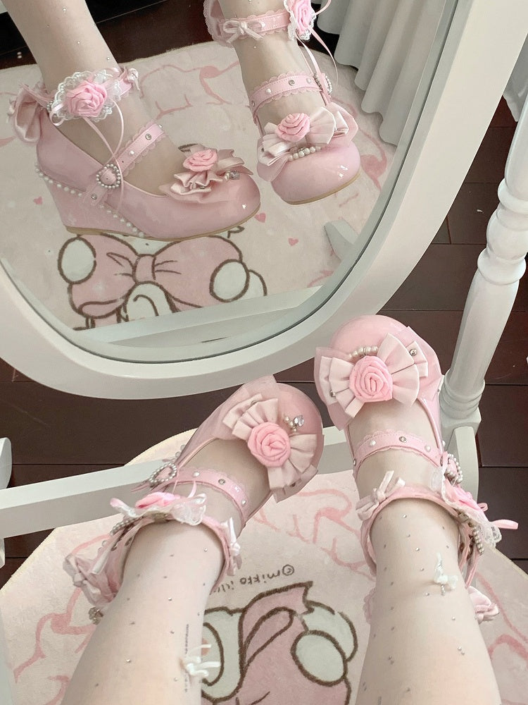 Pink Elegant Lolita Wedge Shoes in PU Leather with Removable Rose Details & Beadwork