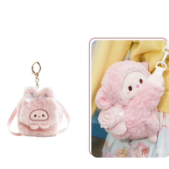 Cute Little Lamb Pink Plush Backpack/Crossbody Bag + Keychain