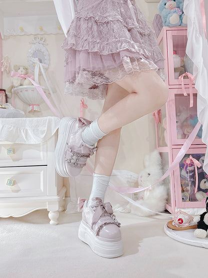 Pink Bow Accents Beaded Buckle Design Jirai Kei Platforms Shoes