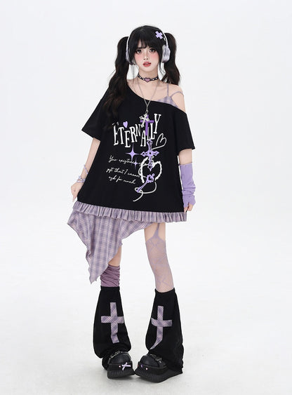 Asymmetrical Red/Purple Plaid Hem Black Punk Rock Graphic T-Shirt