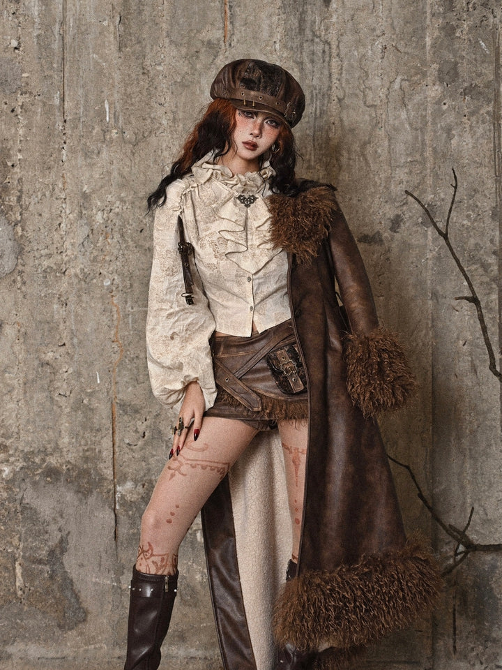 Ruffle Neckline Apricot Steampunk Balloon Sleeves Shirt