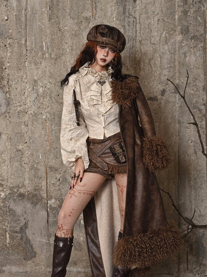 Ruffle Neckline Apricot Steampunk Balloon Sleeves Shirt