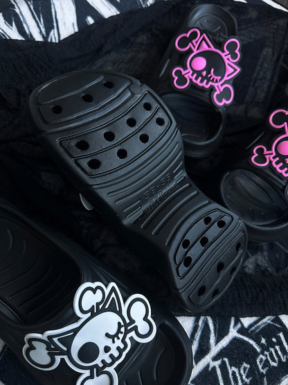 Black and Pink Gothic Skeleton Applique Thick Summer Slippers
