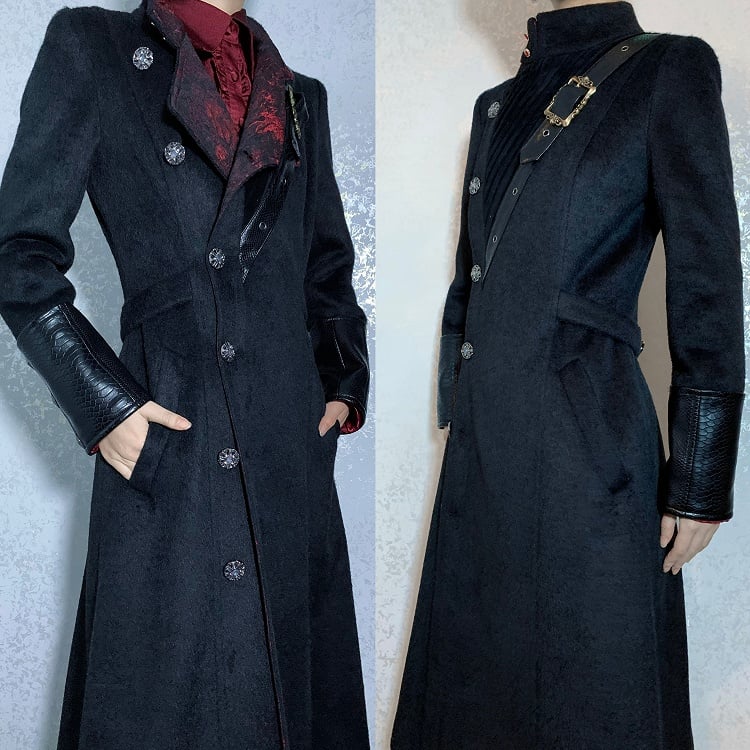Ouji Fashion Black Leather Cuffs Gothic Lolita Woolen Coat with Red Inner Lining