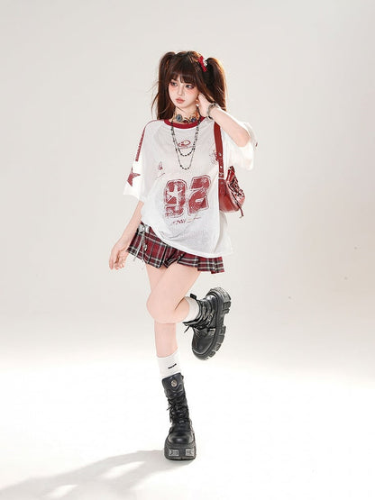 White Round Neck Number Print Hollow-out T-shirt