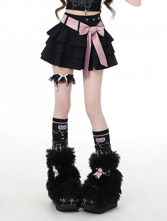 Black Bittersweet Mini Tiered Skirt with Detachable Bow