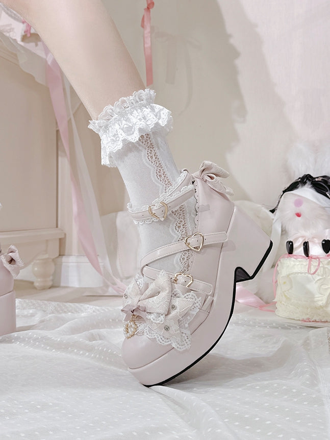 Pink Jirai Kei Bow at Top Crisscross Design Heart Buckles Platform High Block Heels Shoes