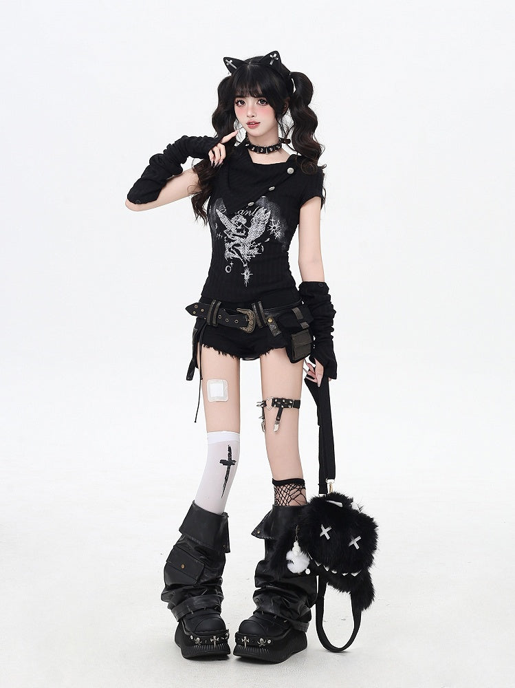 Apricot/Black Pointed Flat Collar Angel Print Wasteland Punk T-shirt with Free Armwears