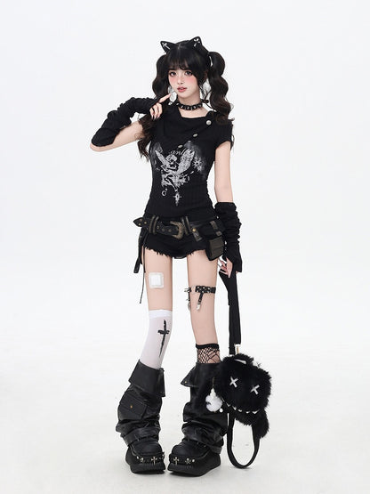 Apricot/Black Pointed Flat Collar Angel Print Wasteland Punk T-shirt with Free Armwears