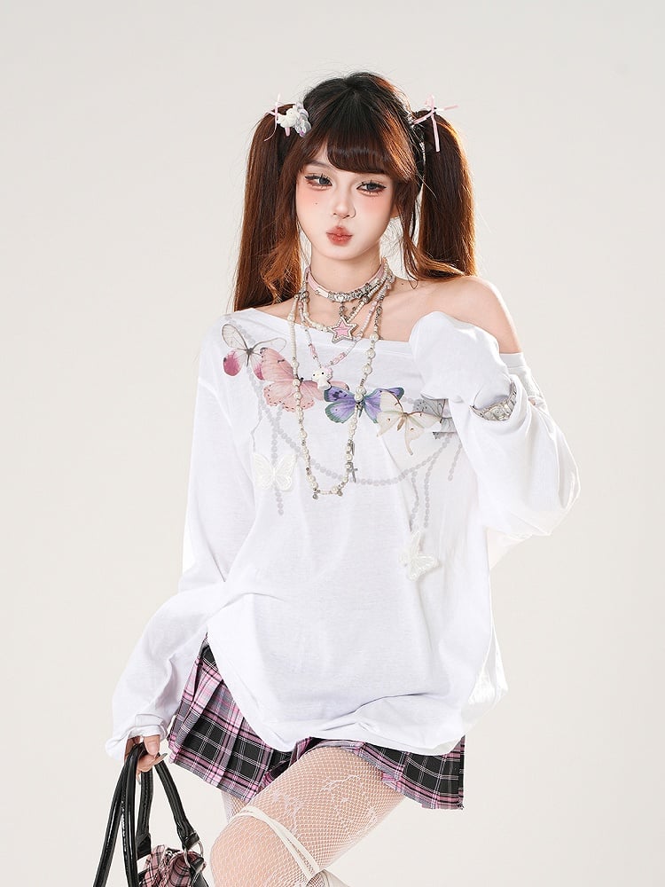 Butterfly-shaped Cutout Detail Back White/Pink Asymmetrical Neckline Top