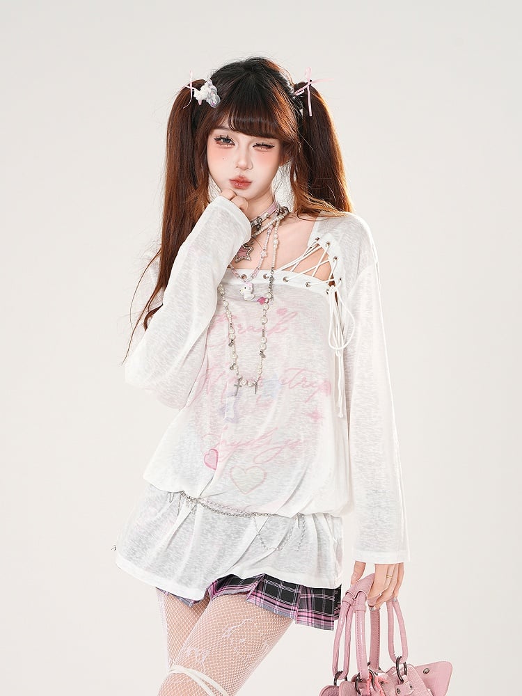 Lace-up Asymmetrical Neckline Blue/White Semi-sheer Coverup