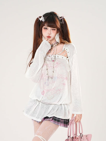 Lace-up Asymmetrical Neckline Blue/White Semi-sheer Coverup